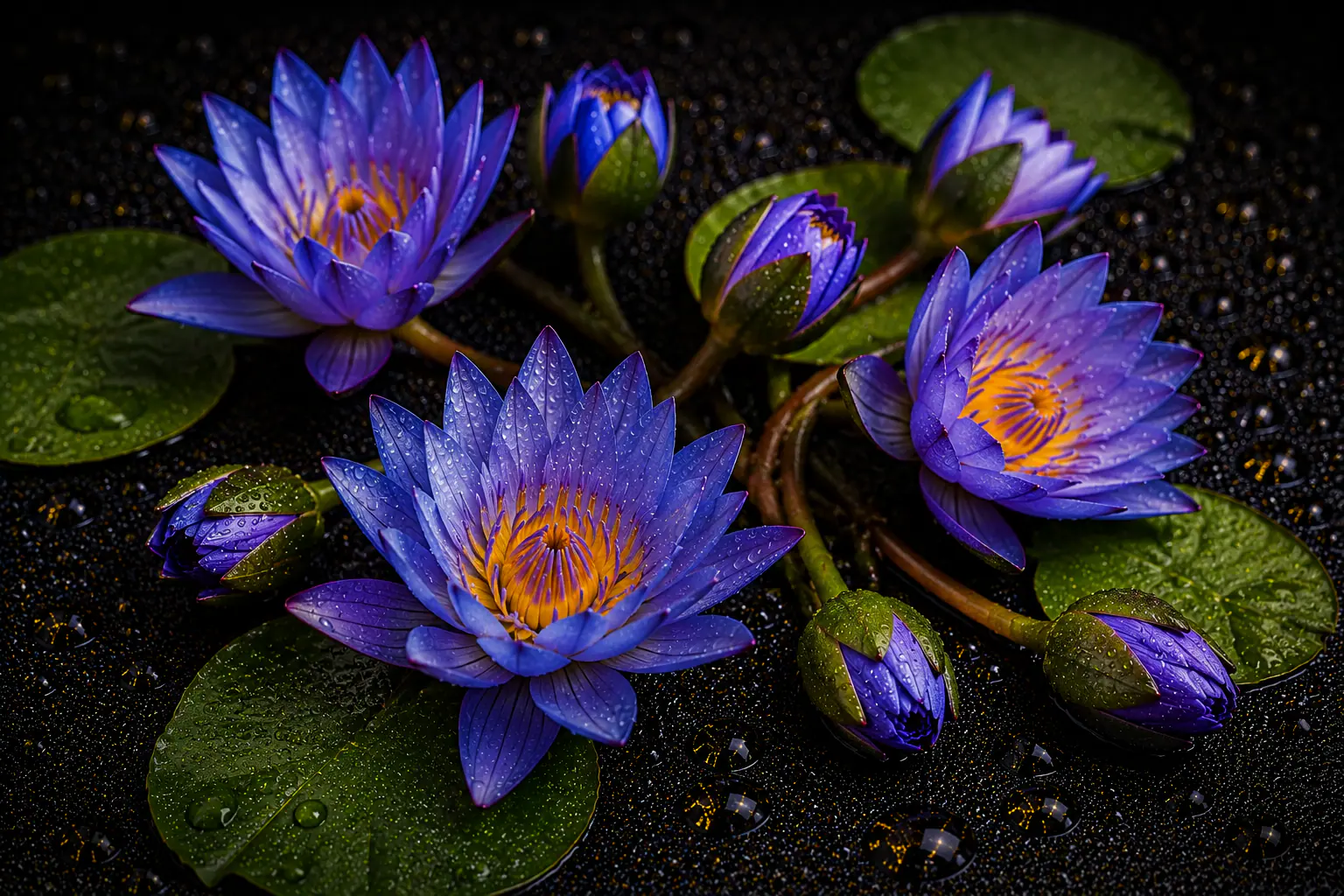 Blue Lotus flower, Nymphaea caerulea, floating on still water