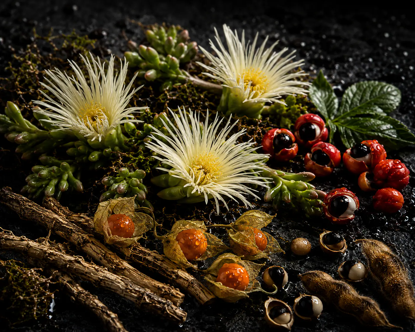 Botanicals laid out for a Ritual Alchemy blend